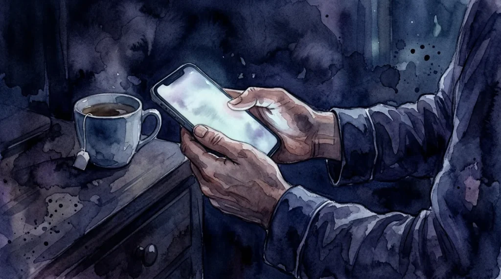 夜の暗い部屋で、お茶のそばでスマートフォンを見つめる男性の手元の水彩画風イラスト