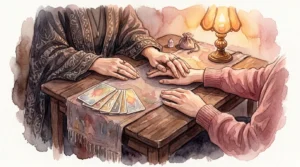 ランプの灯る占いのテーブルで、タロットカードのそばに手を重ねる二人の手元の水彩画風イラスト