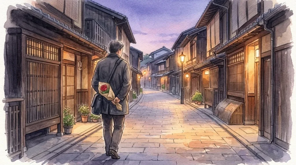 夕暮れの京都の路地を、バラを1本背中に隠して歩く男性の後ろ姿の水彩画風イラスト