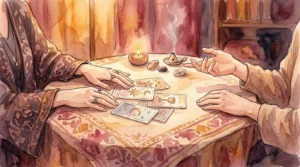 ろうそくの灯る占いのテーブルで、タロットカードをはさんで向かい合う二人の手元の水彩画風イラスト