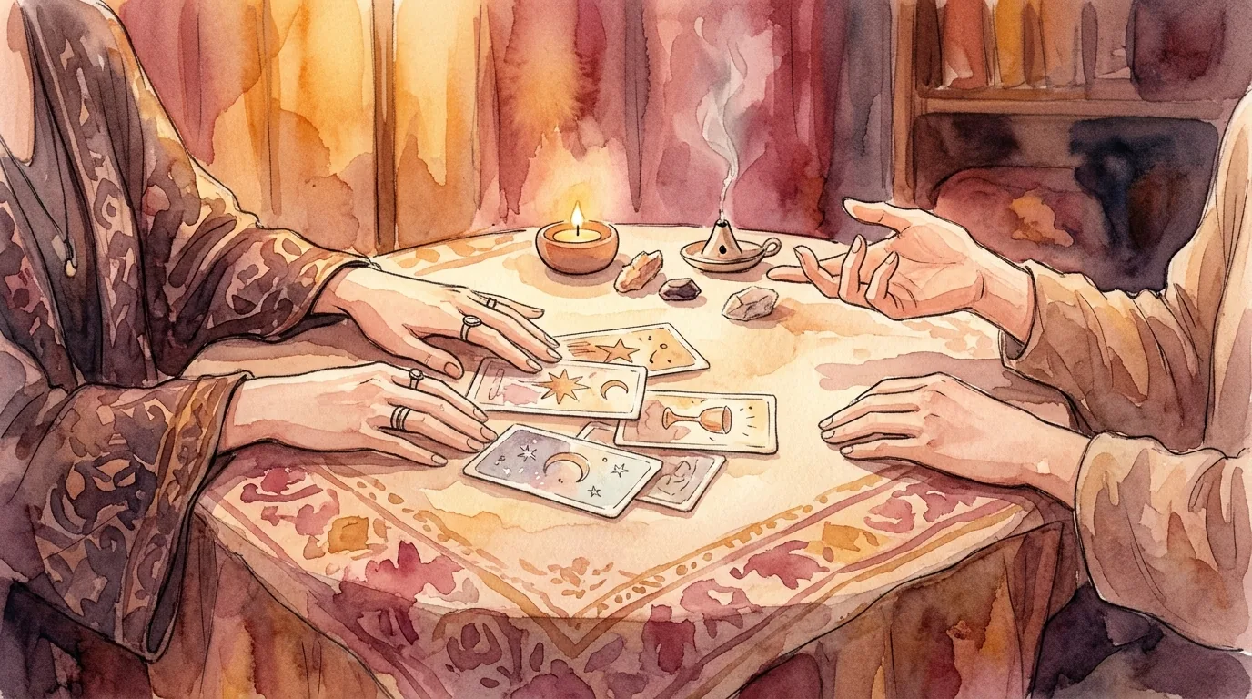 ろうそくの灯る占いのテーブルで、タロットカードをはさんで向かい合う二人の手元の水彩画風イラスト