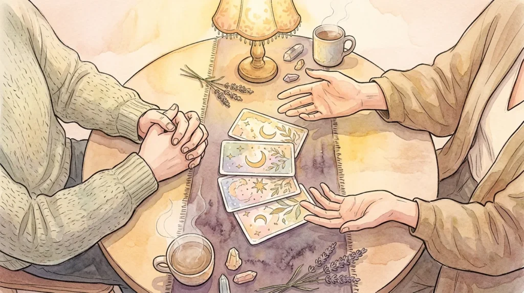 タロットカードを挟んで、組んだ手と開いた手が向き合うテーブルの水彩画風イラスト