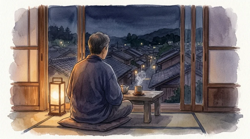 夜の京都の町並みを窓から眺め、お茶を前に座る男性の後ろ姿の水彩画風イラスト