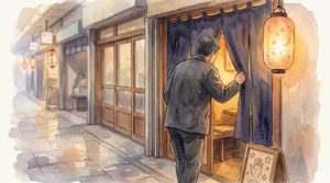 提灯の灯る商店街で、占いの館ののれんをくぐる男性の後ろ姿の水彩画風イラスト