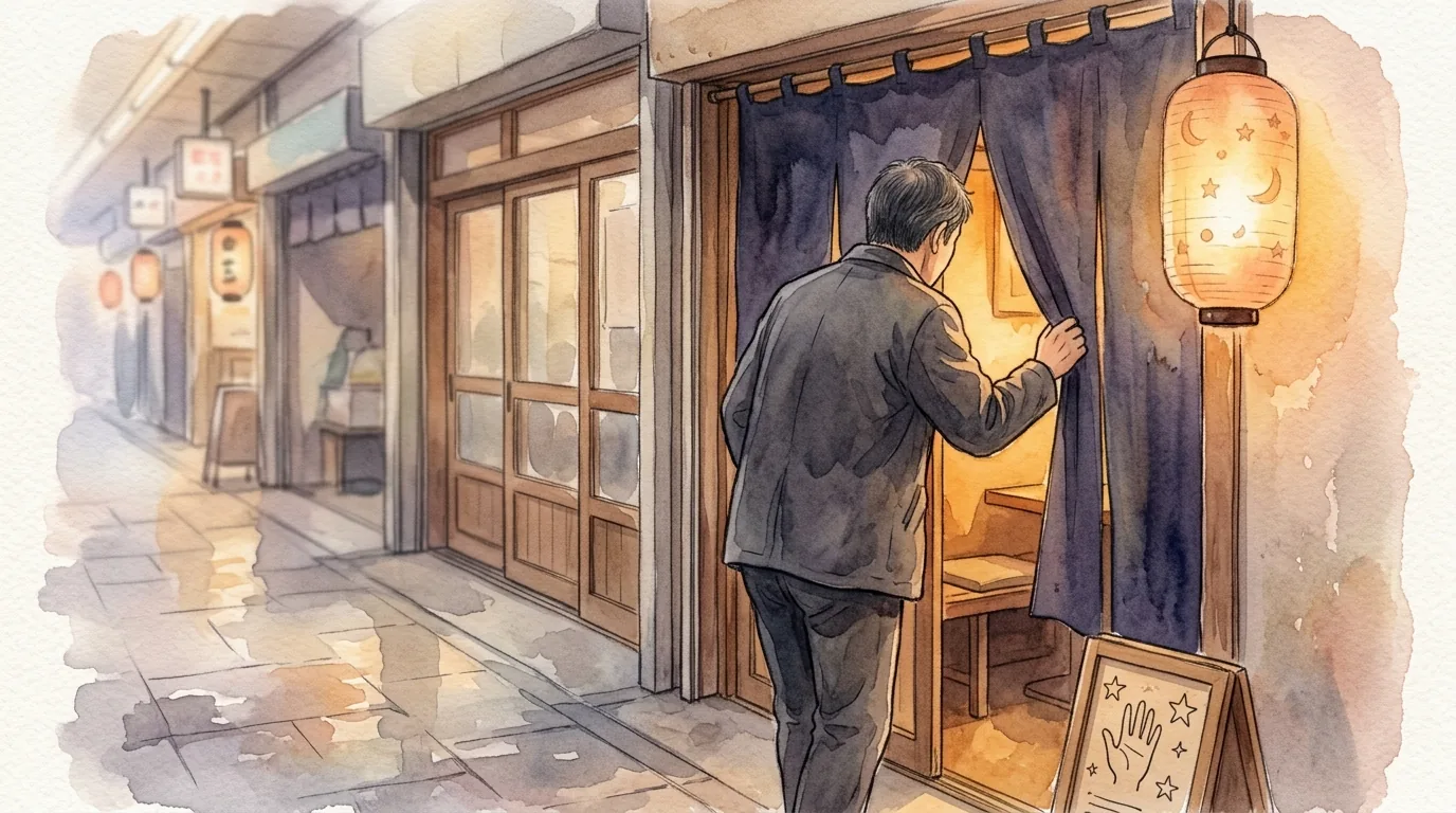 提灯の灯る商店街で、占いの館ののれんをくぐる男性の後ろ姿の水彩画風イラスト