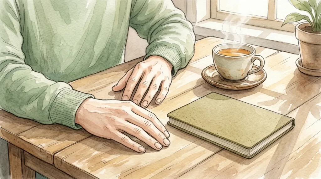 朝の光の中、ノートとお茶のそばに置いた手元の水彩画風イラスト