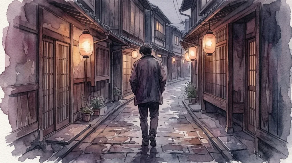 夕暮れの京都の路地を一人で歩く男性の後ろ姿の水彩画風イラスト