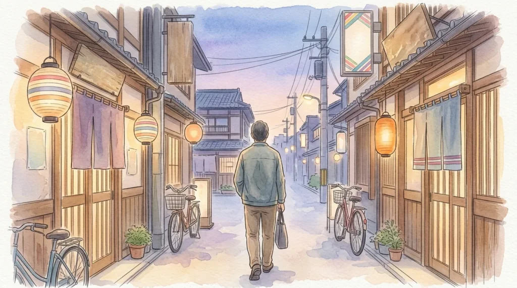 夕暮れの京都の路地を歩く男性の後ろ姿の水彩画風イラスト