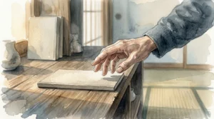 和室のリビングの棚に置かれたノートへ手を伸ばす男性の手元の水彩画風イラスト
