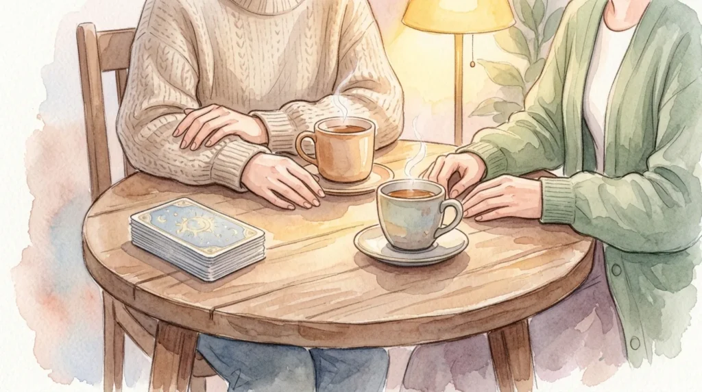 タロットカードを脇に置き、お茶を挟んで向かい合う二人の手元の水彩画風イラスト