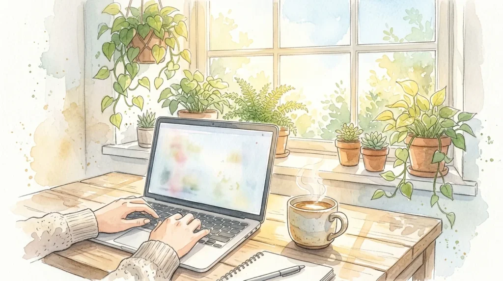 朝の光が差す窓辺でノートパソコンに向かう手元の水彩画風イラスト