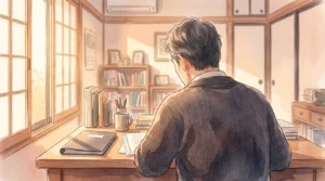和室の机で書類を前に考える男性の後ろ姿の水彩画風イラスト