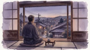 夕暮れの京都の町並みを窓辺から眺める男性の後ろ姿の水彩画風イラスト