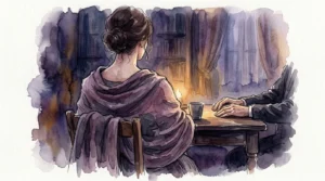 紫のストールを羽織った女性の後ろ姿と、ろうそくの灯るテーブルの水彩画風イラスト