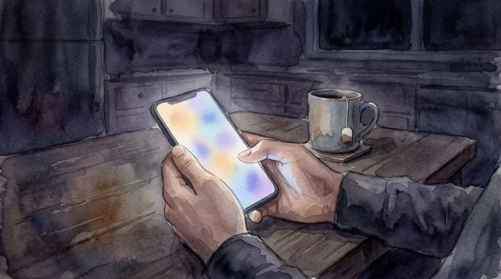 暗い部屋でスマートフォンを見つめる手元の水彩画風イラスト