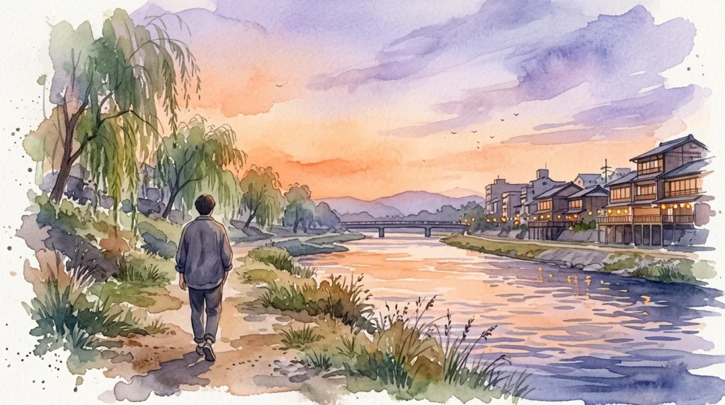 夕焼けの鴨川沿いを歩いて帰る人の後ろ姿の水彩画風イラスト
