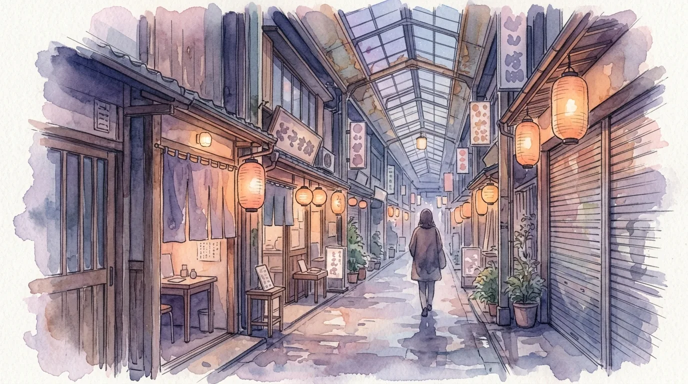 夕暮れの商店街に提灯が灯る、占いの館が並ぶ通りの水彩画風イラスト