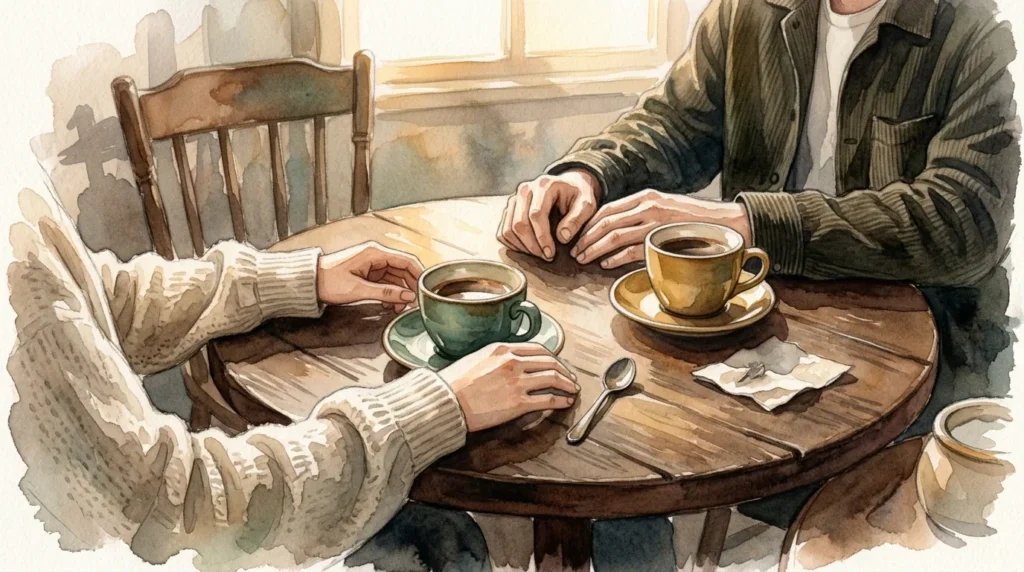 喫茶店の丸いテーブルにコーヒーカップが2つ並び、向かい合う二人の手元の水彩画風イラスト